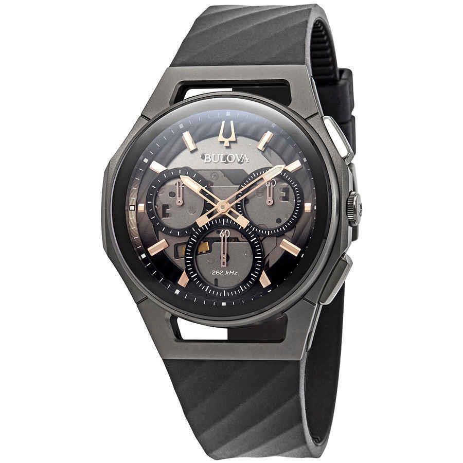 Bulova Curv Chronograph Dark Gray Dial Men`s Watch 98A162 - Dial: Gold, Gray, Black, Band: Black, Bezel: Dark Gray