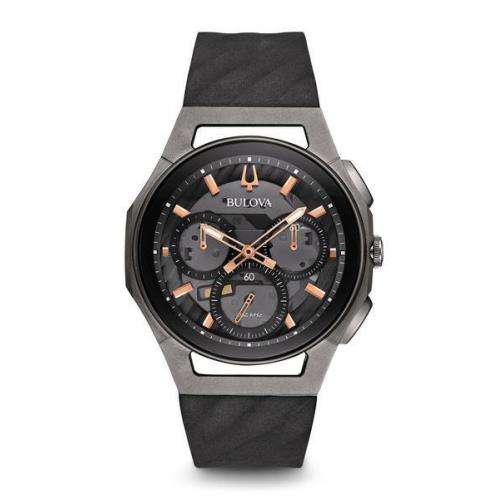 Bulova Men`s Curv Chronograph Watch Black Rubber Strap 98A162 - Dial: Gold, Gray, Black, Band: Black