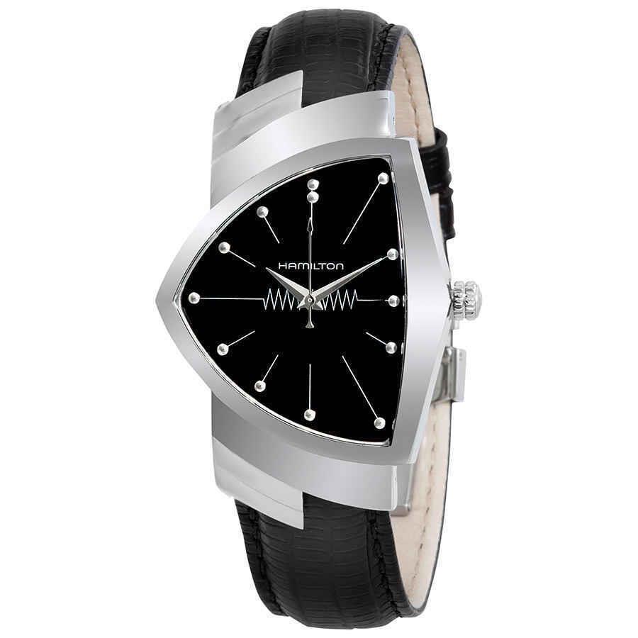 Hamilton Ventura Stainless Steel Case Quartz Black Lizard Strap H24411732 - Dial: Black, Band: Black, Bezel: Silver