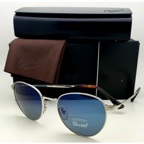 Persol Sunglasses 2445-S 518/56 52-20 145 Silver Round Frames w/ Blue Lenses