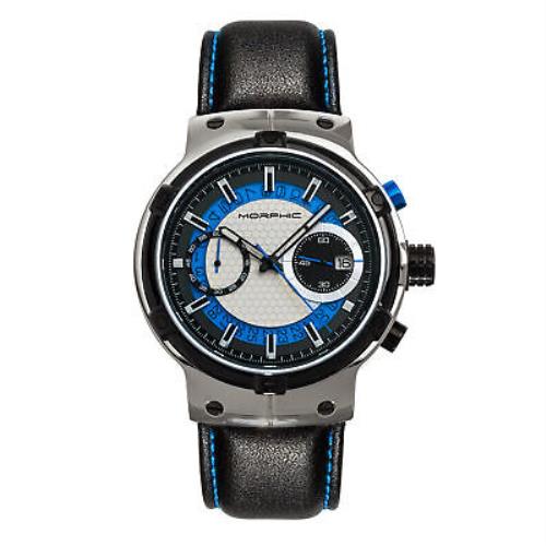 Morphic M91 Series Chronograph Leather-band Watch W/date - Silver/blue