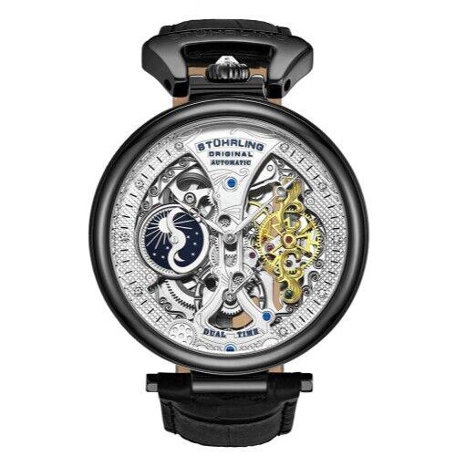 Stuhrling 3920 4 Legacy Automatic Skeleton Dual Time Black Leather Mens Watch