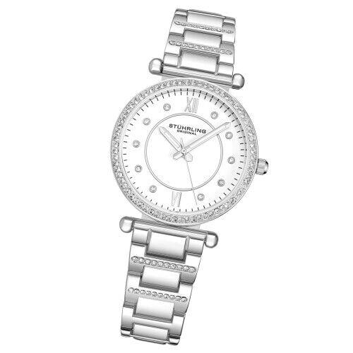 Stuhrling 3906 1 Symphony Quartz Crystal Accented Bracelet Womens Watch - Dial: White, Band: Silver
