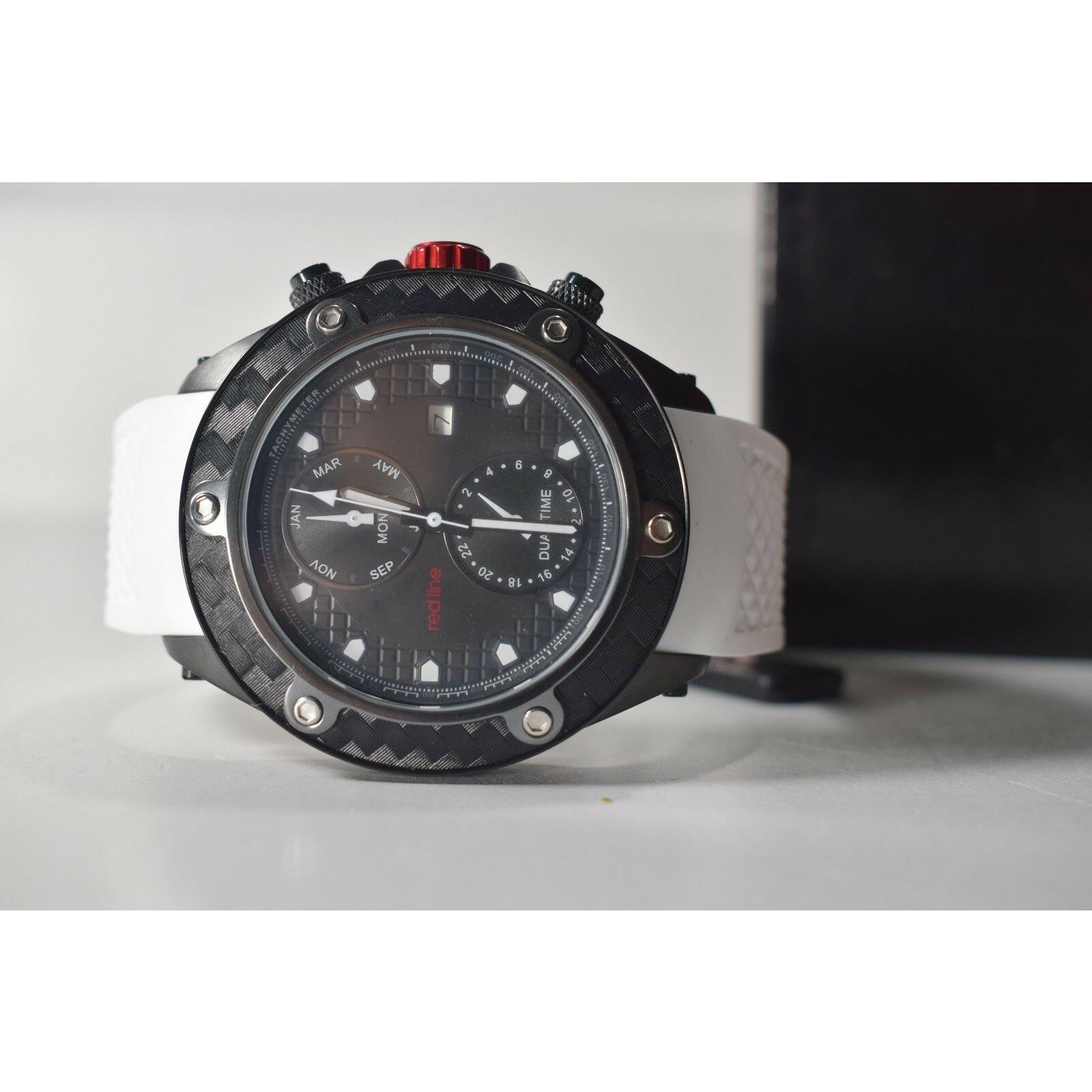Red Line Dual Time Men`s Watch Carbon Brake Black Dial White Silicone