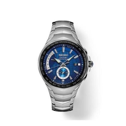 Seiko Men`s Coutura Stainless Steel Radio Sync Solar Watch - SSG019 - Dial: Blue, Band: Silver, Bezel: Black