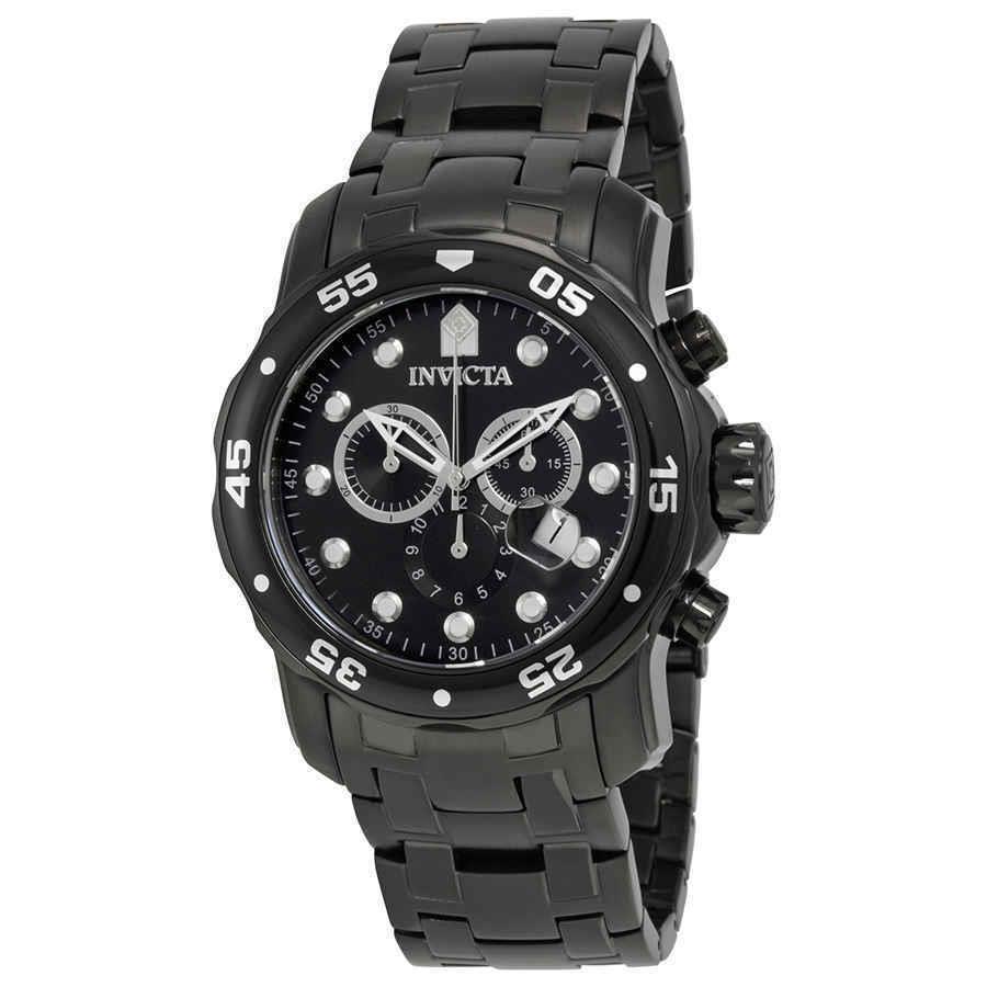 Invicta Pro Diver Chronograph Black Dial Men`s Watch 0076 - Dial: Black, Band: Black, Bezel: Black Ion-plated