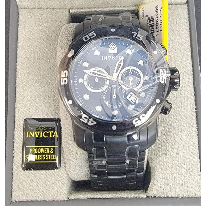 Invicta 48mm Men`s Pro Diver Scuba Chronograph Combat Triple Black SS Watch - Face: Black, Dial: Black, Band: Black