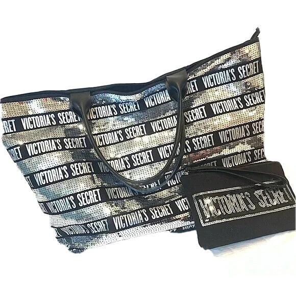 Victoria s Secret Black Silver Logo Sequins Bling Tote Bag Wristlet