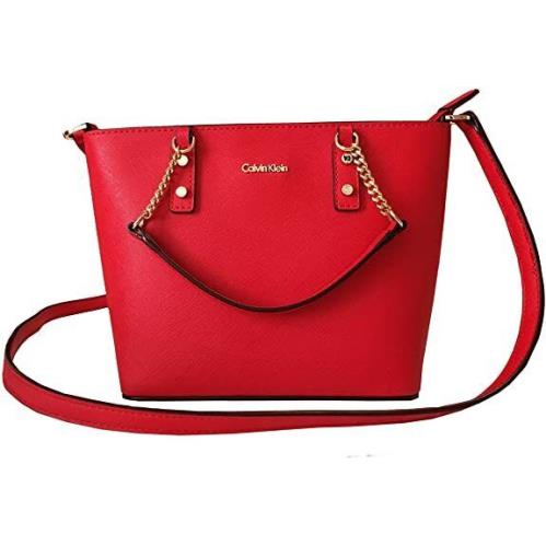 Calvin Klein Poppy Red Hard Leatherette Silver Chain Crossbody Shoulder Bag