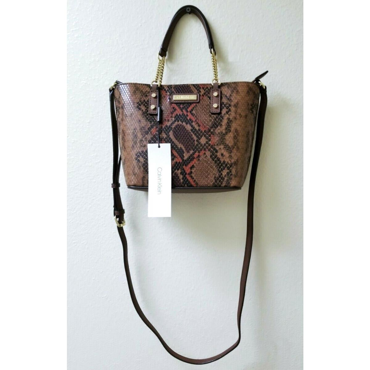 Calvin Klein Brown Python Print Leatherette Gold Chain Crossbody Tote Bag