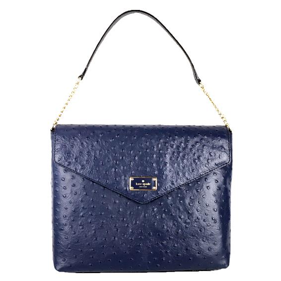Kate Spade Leena A La Vita Ostrich Leather Shoulder Bag French Navy New - Handle/Strap: Gold, Hardware: Blue, Exterior: French Navy