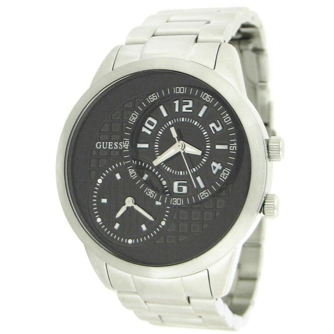 New-guess Silver Tone S/steel+black Dual Multi Time Zone Dial Watch U13616G1