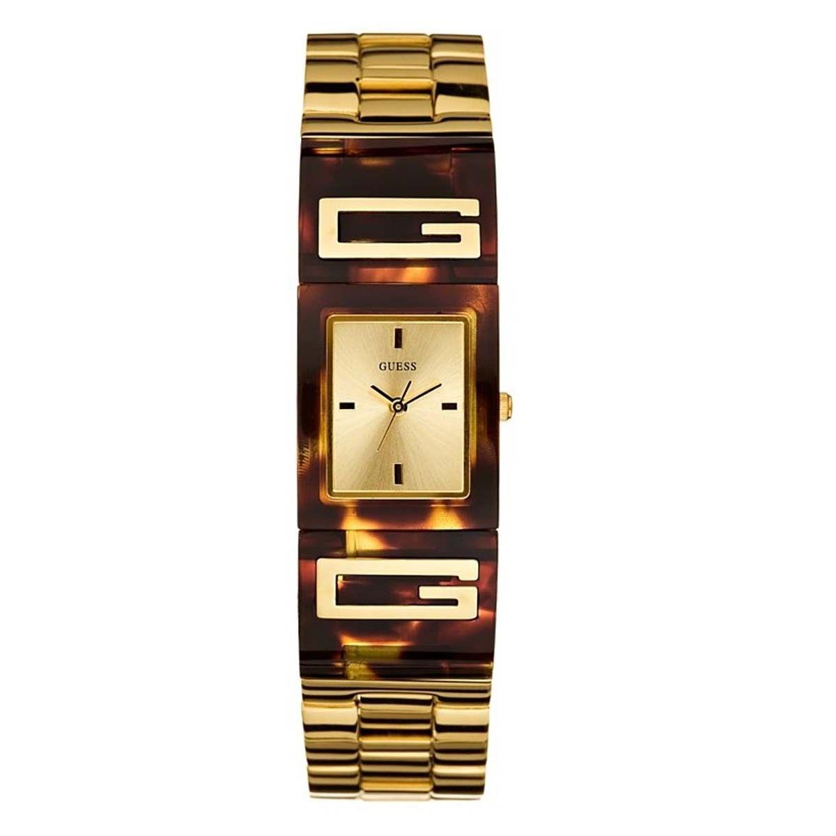 Guess Gold Tortoise Resin Logo Brown Adjust Link Bracelet WATCH-U12633L1-NEW