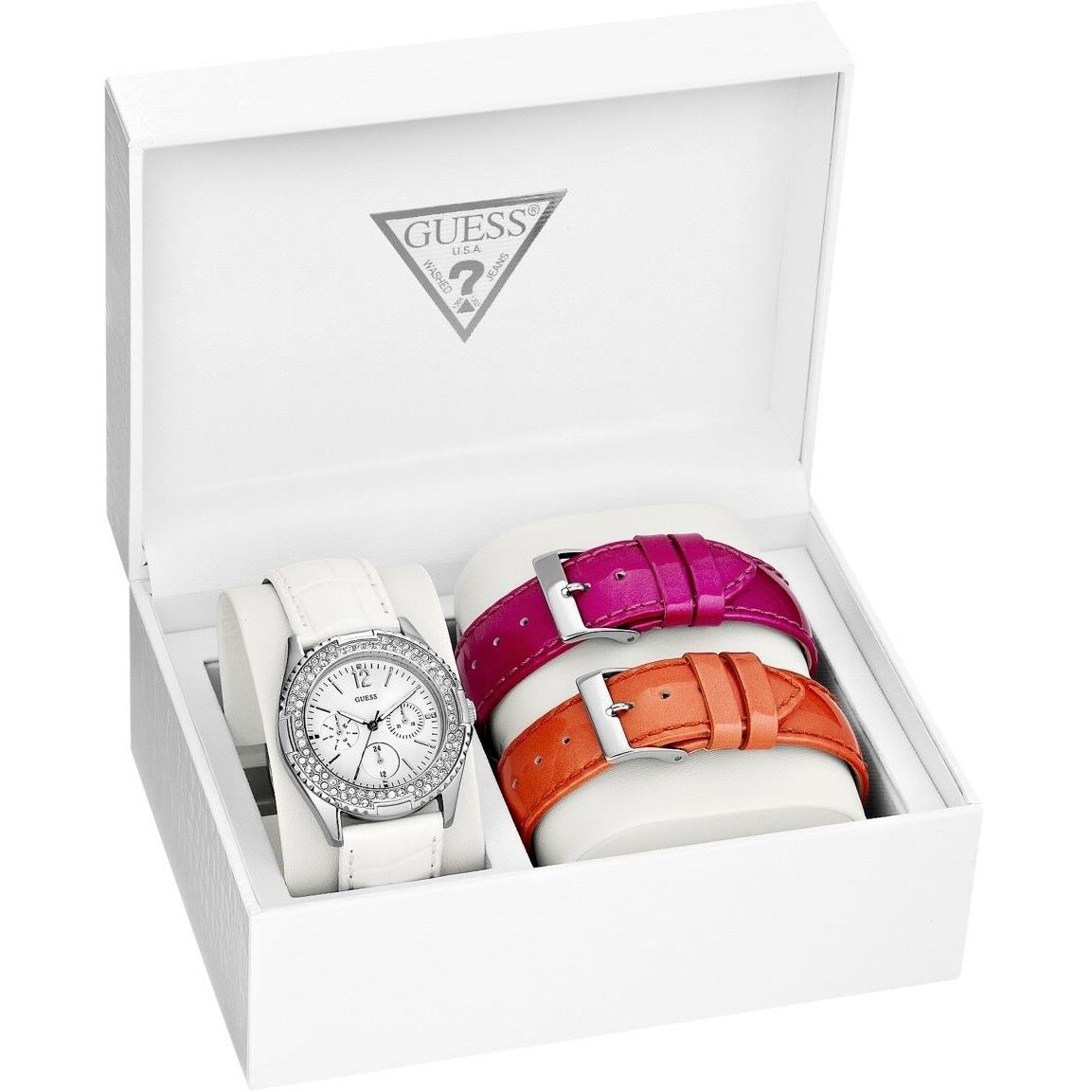Guess White Pink Orange Leather 3 PC Band Set+silver Tone Crystal Watch U12624L2