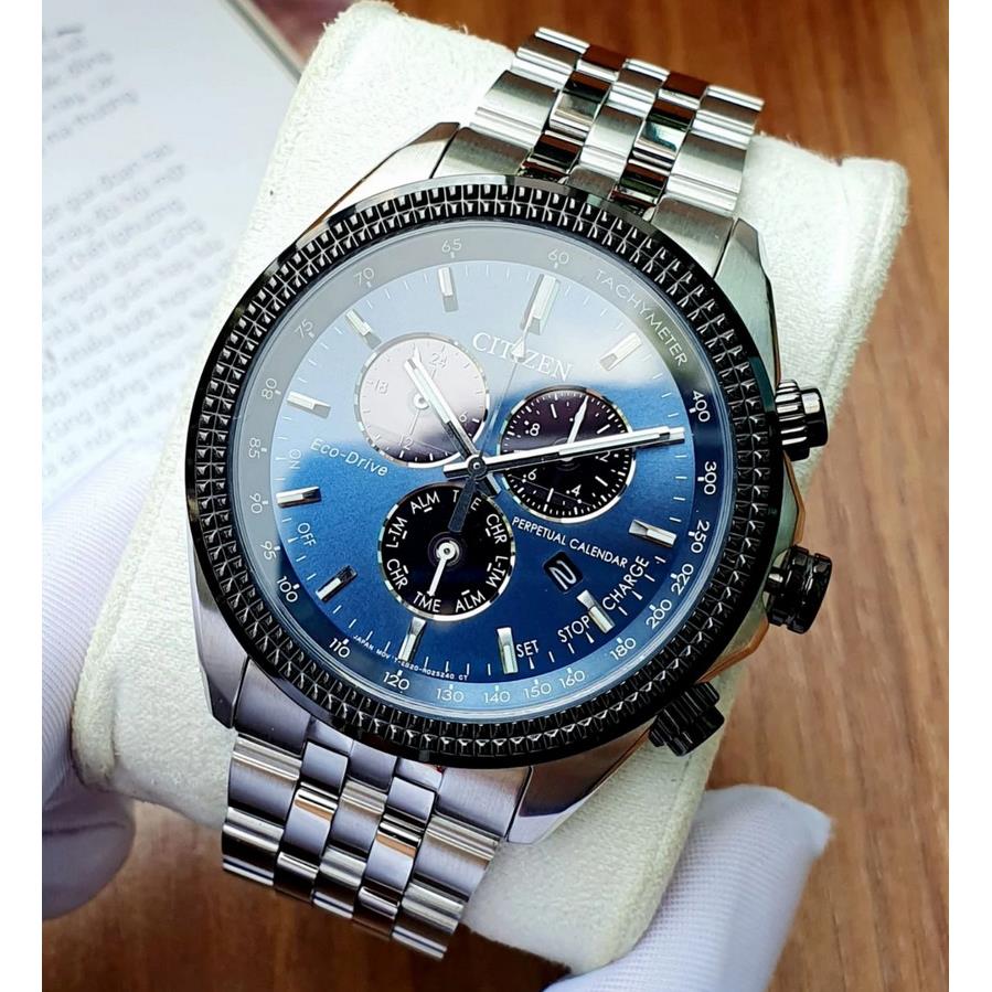 Citizen Classic Chronograph Silver Tone Eco-drive Men`s Watch BL5568-54L - Dial: Blue, Band: Silver, Bezel: Black