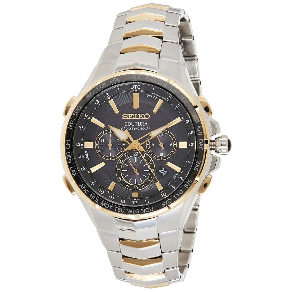 Seiko Men`s SSG010 Coutura Analog Japanese Quartz Two Tone Radio Sync Watch - Dial: Black, Band: Gold, Silver