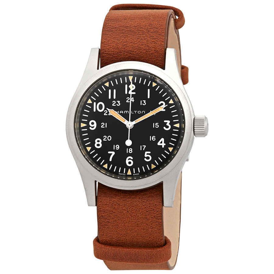 Hamilton Khaki Field Hand Wind Black Dial Men`s Watch H69439531 - Dial: Black, Band: Brown, Bezel: Silver