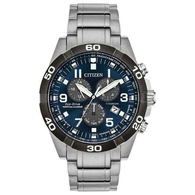 Citizen Men`s Titanium Eco-drive Sport Brycen Chronograph Watch BL5558-58L - Dial: Blue, Band: Silver, Bezel: Black