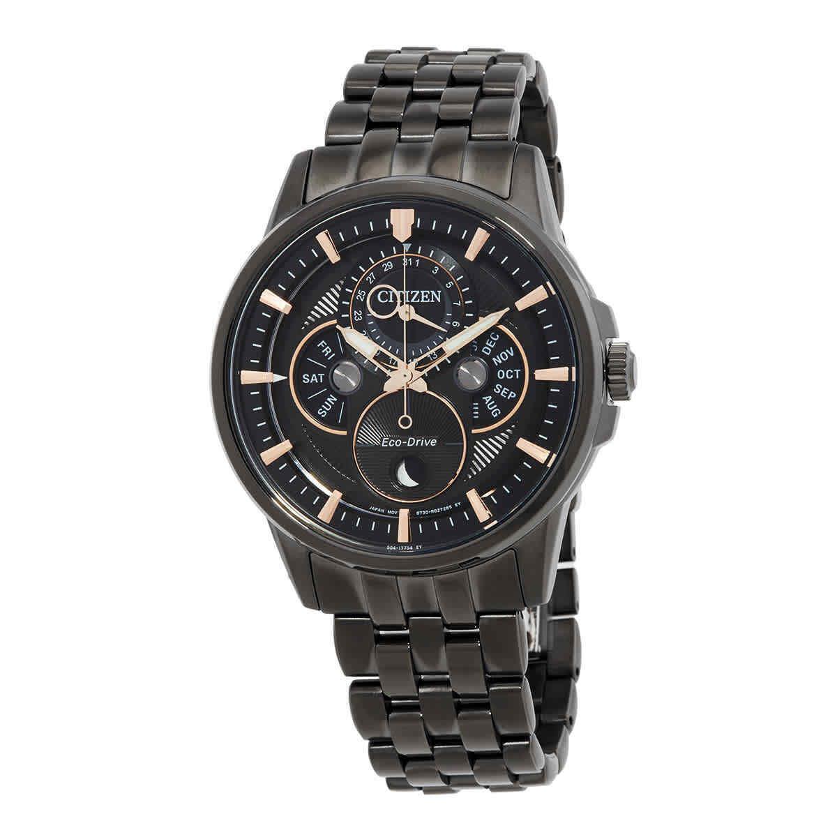 Citizen Calendrier Multifunction Black Dial Black-plated Men`s Watch BU0057-54E - Dial: Black, Band: Gold, Brown, Gray, Black, Bezel: Black