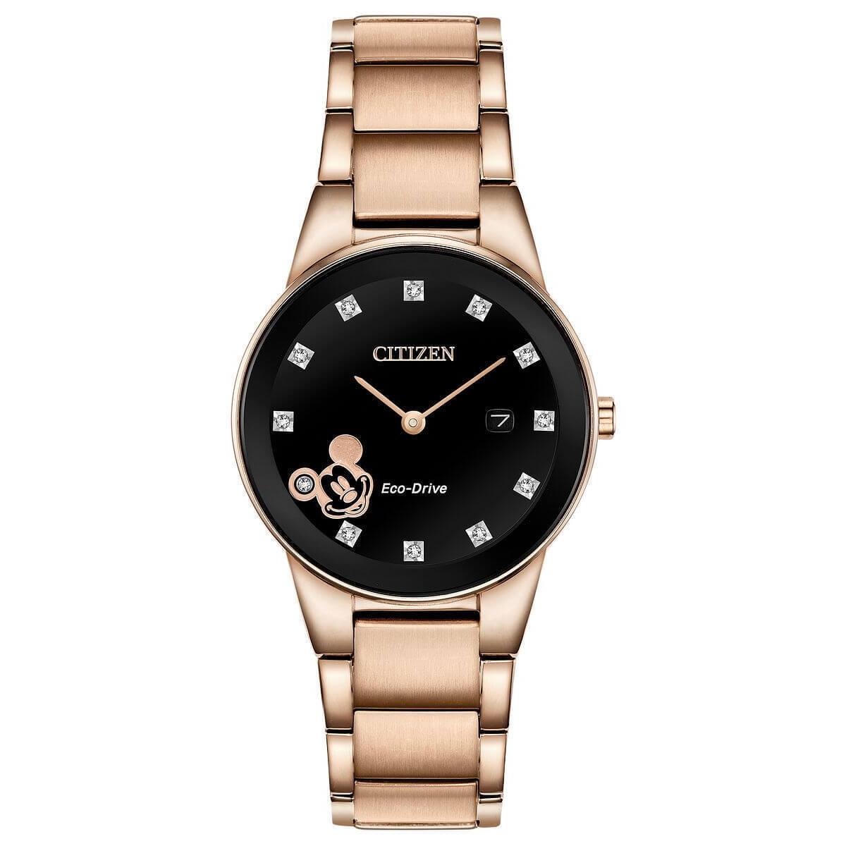 Citizen Mickey Mouse GA1056-54W Ladies 29.5mm Watch - Dial: Black, Band: Rose Gold, Bezel: Black