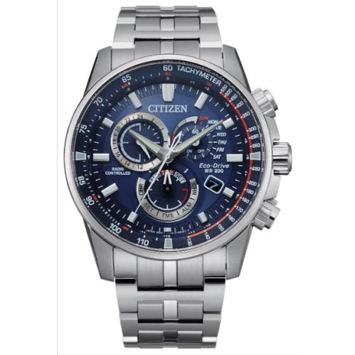 Citizen Eco-drive Pcat Controlled Chronograph Blue Dial Watch CB5880-54L - Dial: Silver, Band: Silver