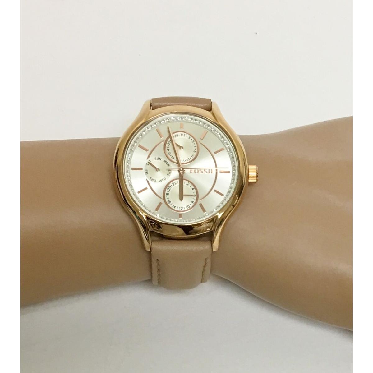 Fossil Rose Gold Tone Beige Tan Taupe Leather Band Crystal Dial WATCH-BQ1586