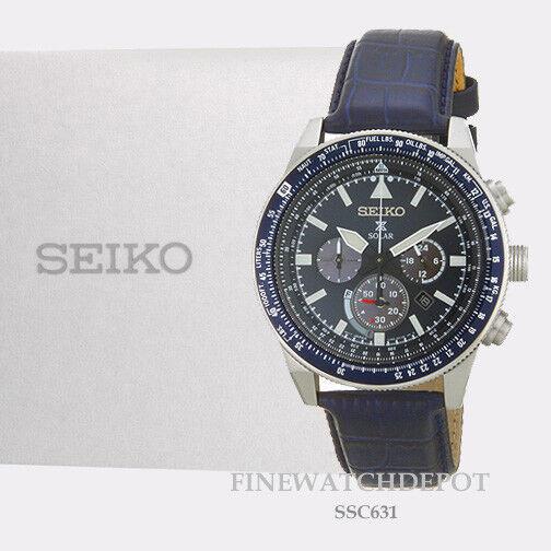 Seiko Men`s Prospex Solar Dark Blue Chronograph Leather Watch SSC631