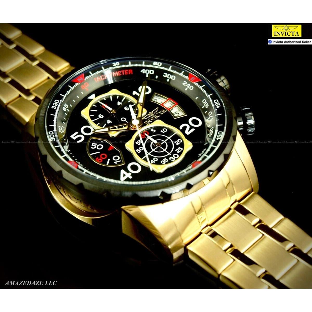 Invicta Men Black Dial Stainless Steel Aviator Tachymeter Chronograph Watch - Dial: Black, Band: Gold, Bezel: Black