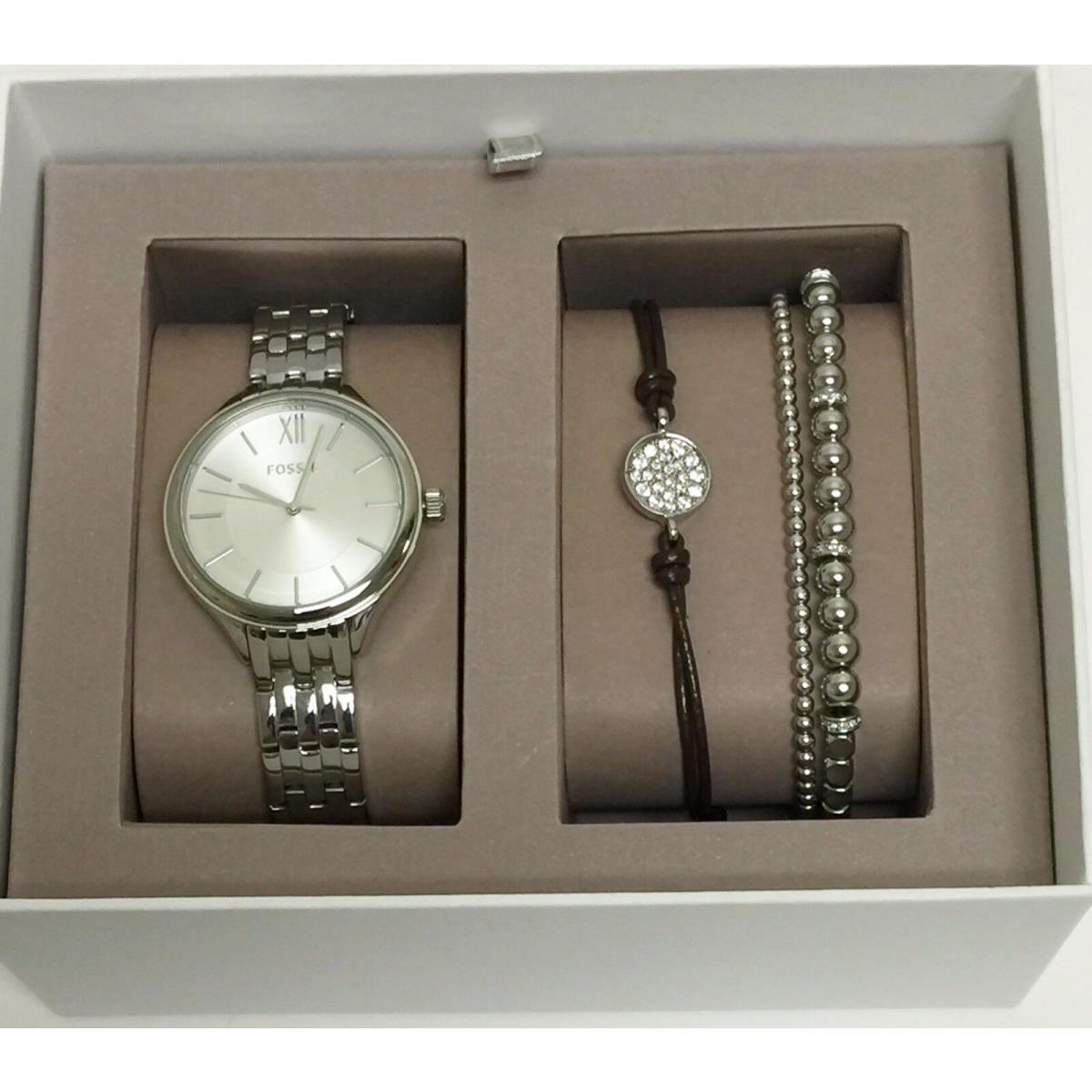 Fossil 4 PC Set Silver Tone Roman S 3 Bracelets Crystal WATCH-BQ3079SET