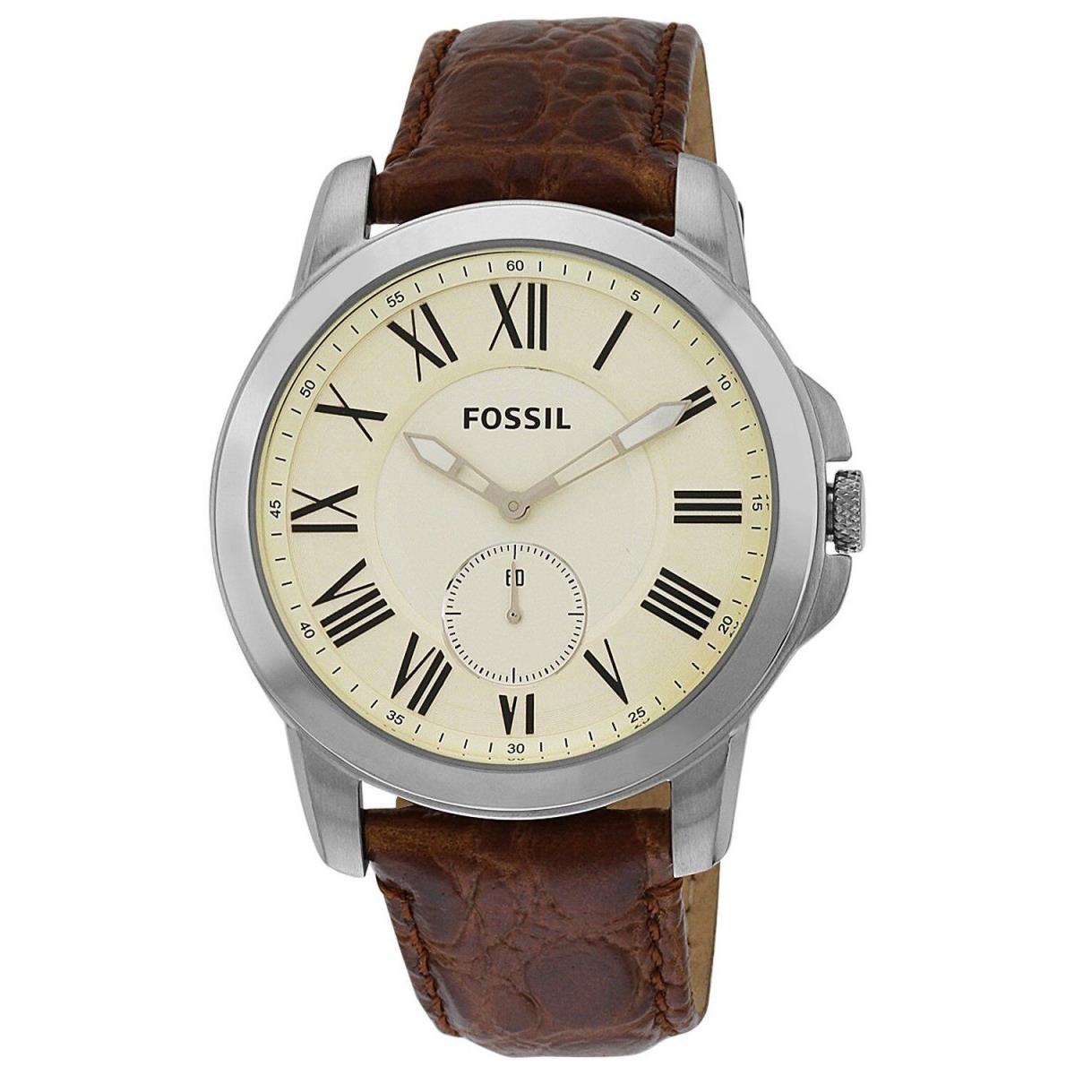 Fossil Grant Silver Tone Brown Crocodile Leather Band Roman Numbers Watch FS4963 - White Dial, Brown Band