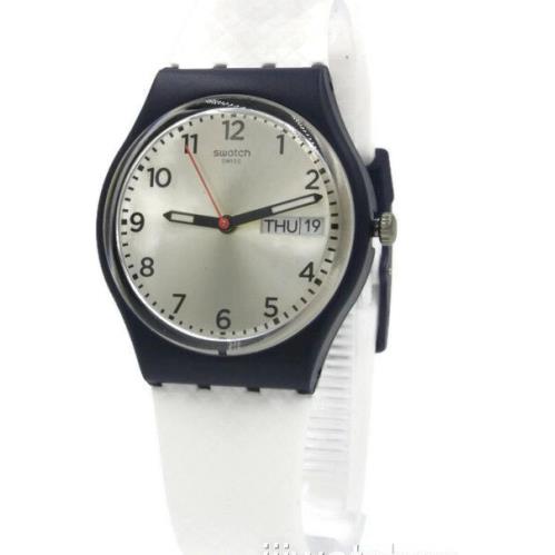 Swiss Swatch White Delight Day Date White Silicone Band Watch 35mm GN720