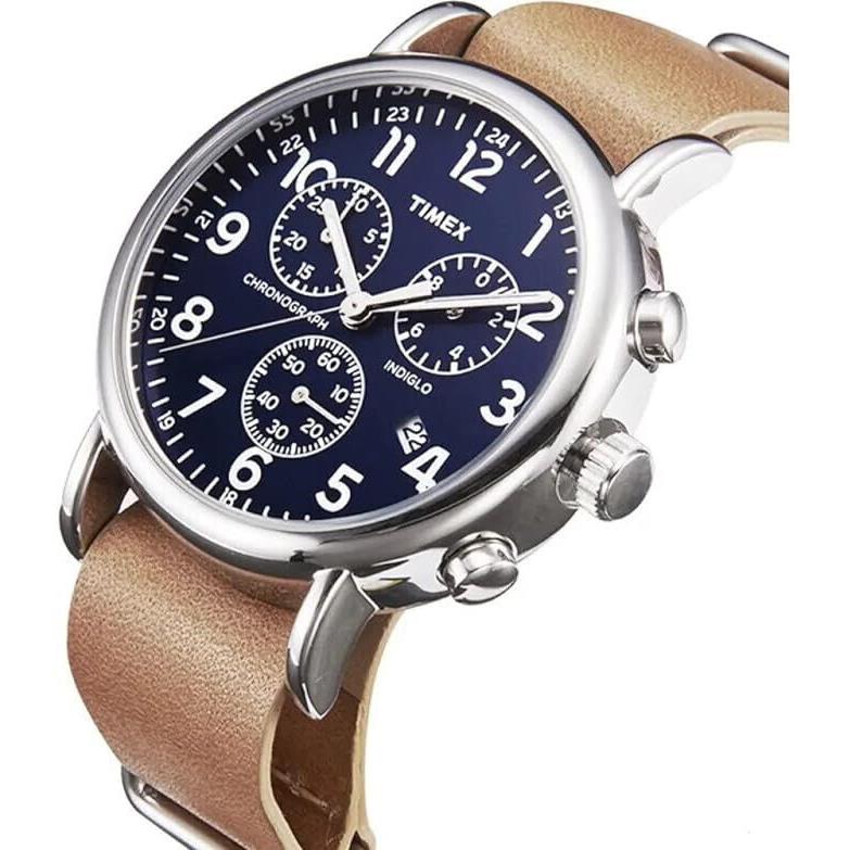 Timex Men`s Weekender Chronograph Indiglo 40MM Case Blue Dial Tan Band Watch - Dial: Blue, Band: Tan, Bezel: Silver