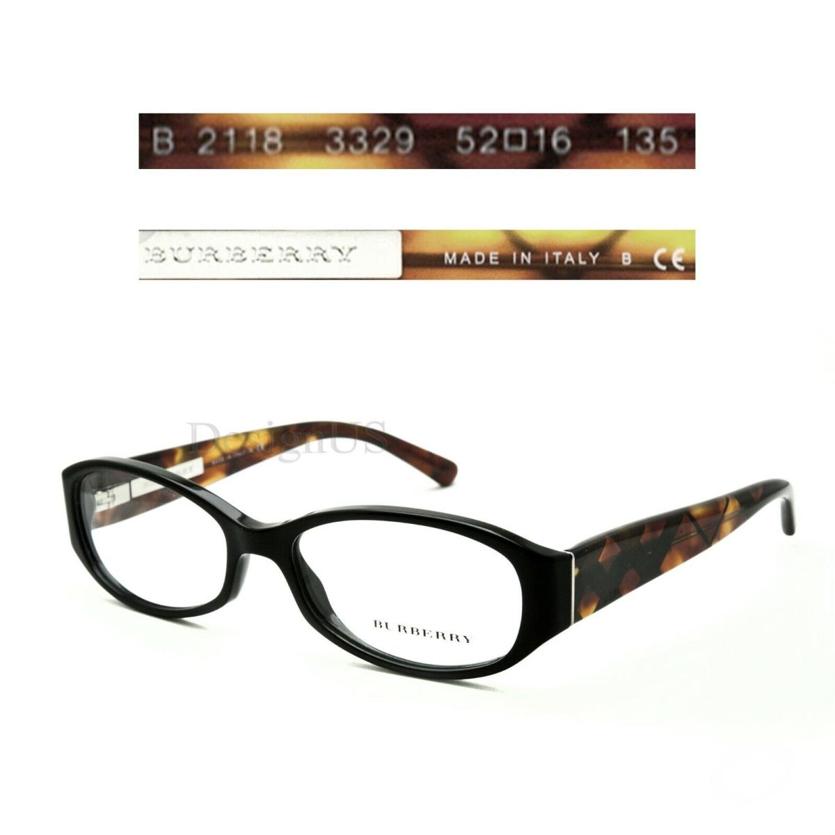 Burberry B 2118 3329 Black Brown 52/16/135 Eyeglasses Made Italy