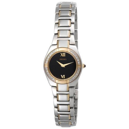 Seiko SUJF10 Women`s Dress Diamond Encrusted Black Dial Two-tone Stainless Watch