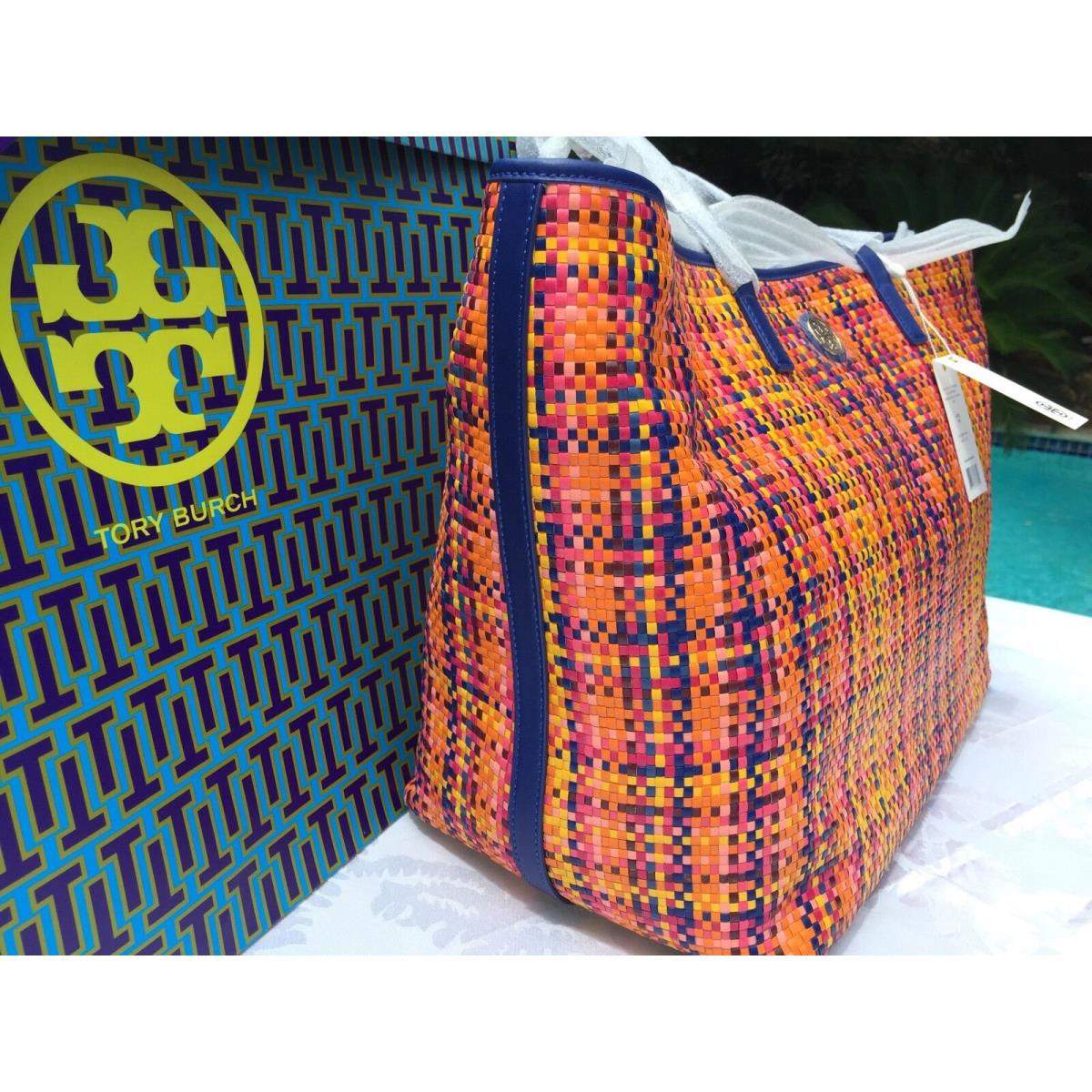 Tory Burch Jane Woven Leather Tote Rainbow Multi /lapis +gift Bag - Tory  Burch bag - 074380680657 | Fash Brands