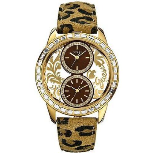Guess Tan Leopard Leather+gold Clear Dual 2 Time Zone+crystal Watch U18512L3