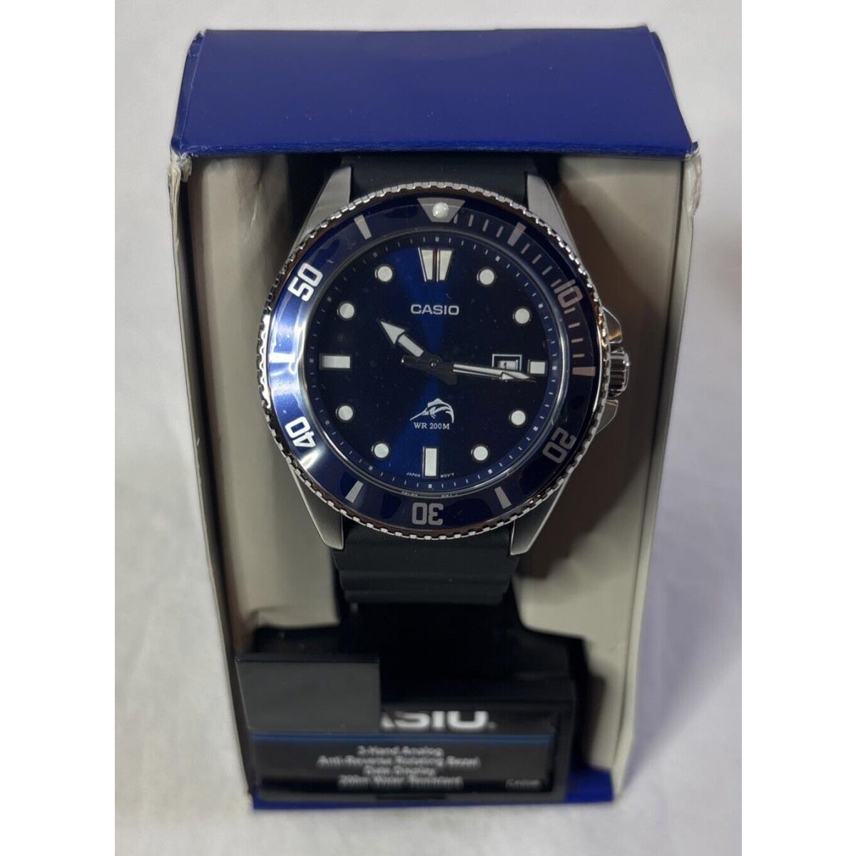 Casio MDV106B-2A Men`s Analog Watch Black Resin Band Date 200 Meter WR - Dial: Blue, Band: Black