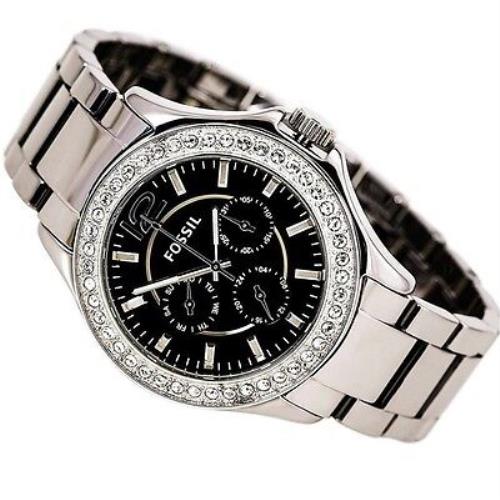 Fossil Riley Chrome Silver Ceramic+black Chrono Dial+crystal Bezel Watch CE1067