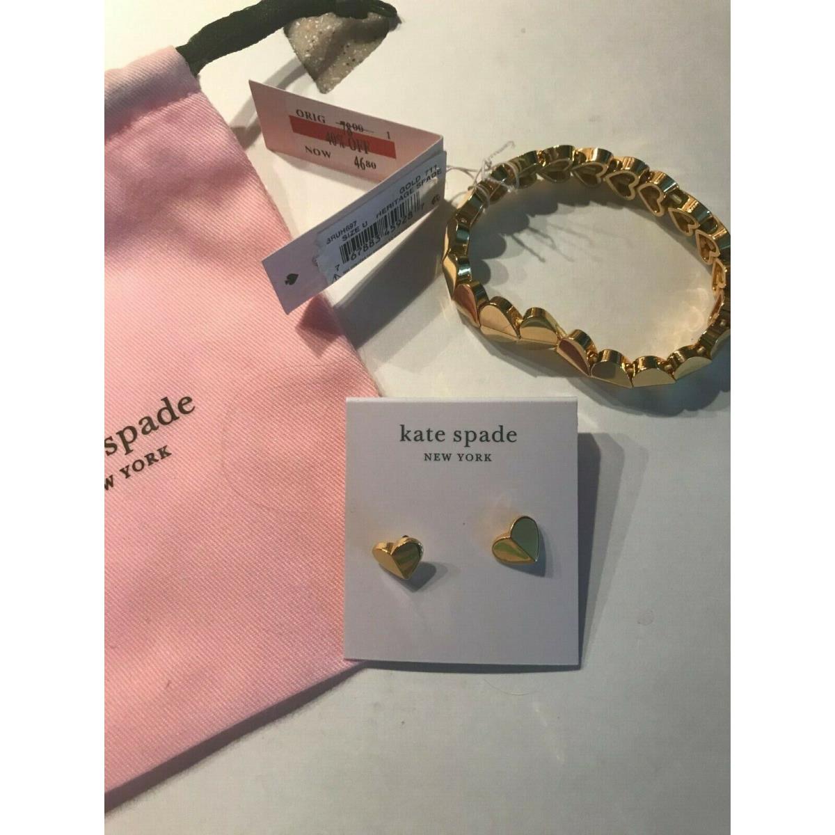 Kate Spade Gold Tone Small Heart Stud Earrings New Matching Heart Bracelet