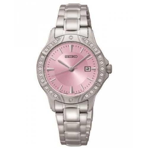 Women`s Seiko SUR863 Stainless Steel Crystal Accent Pink Quartz Dial Watch