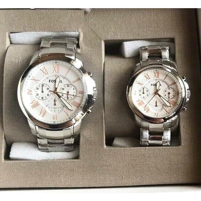 Fossil Set OF 2 His Hers Silver+rose Gold Tone Bracelet Watch BQ2180SET