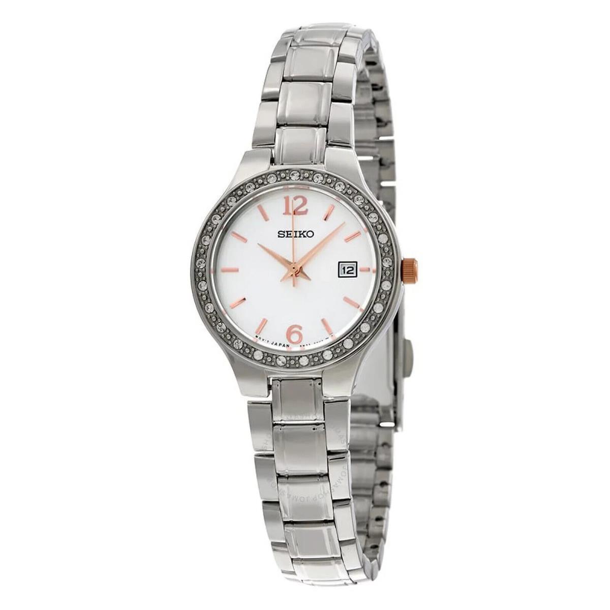 Seiko SUR769 Women`s Silver Dial Two Tone Swarovski Crystal`s Date Dress Watch