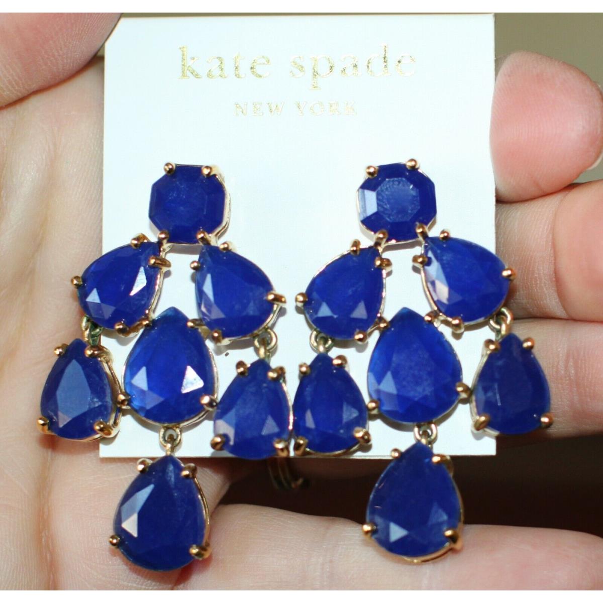 Kate Spade NY Crystal Cobalt Blue Gold Petals Chandelier Drop Earrings Rare