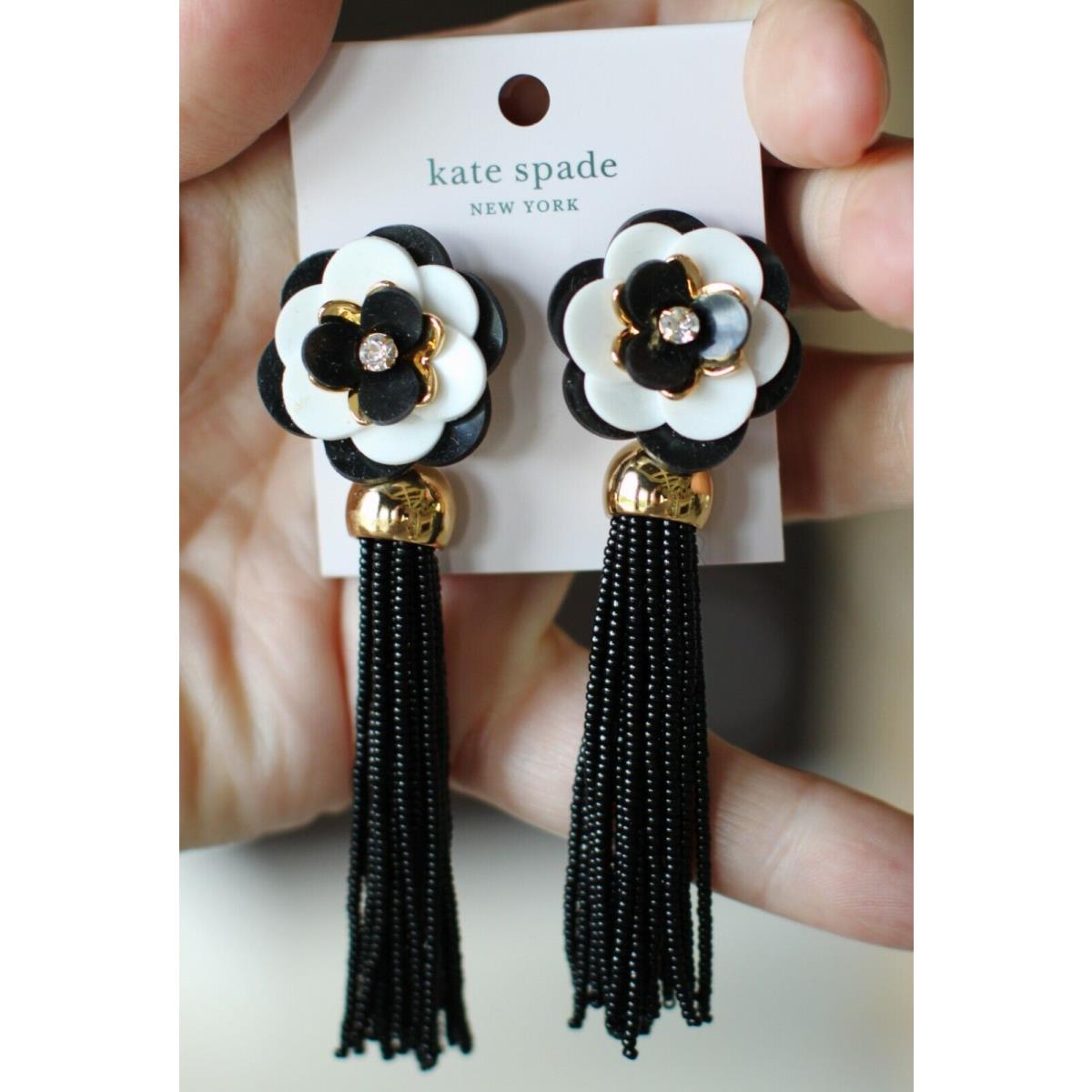 Kate Spade New York Rosy Posies Black Tassel Drop Earrings Beaded Chandelier