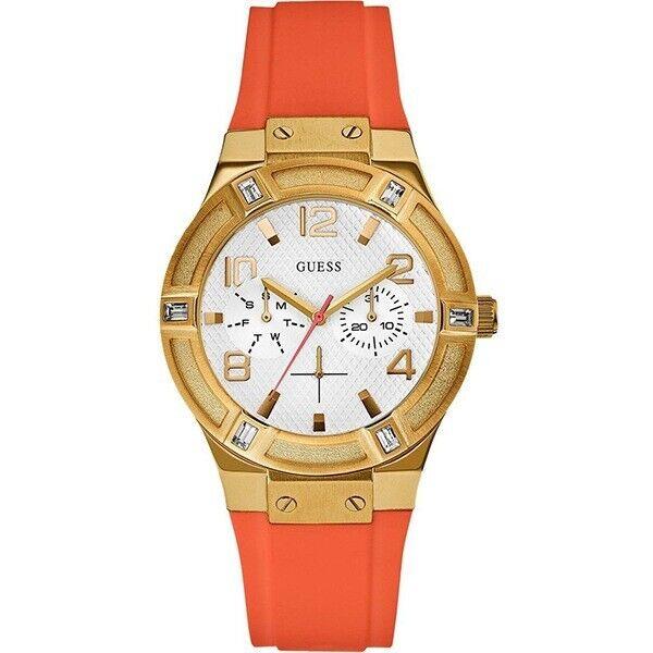 Guess Gold Tone Watch Women`s Jet Setter Multifunction Orange Silicone W0564L2