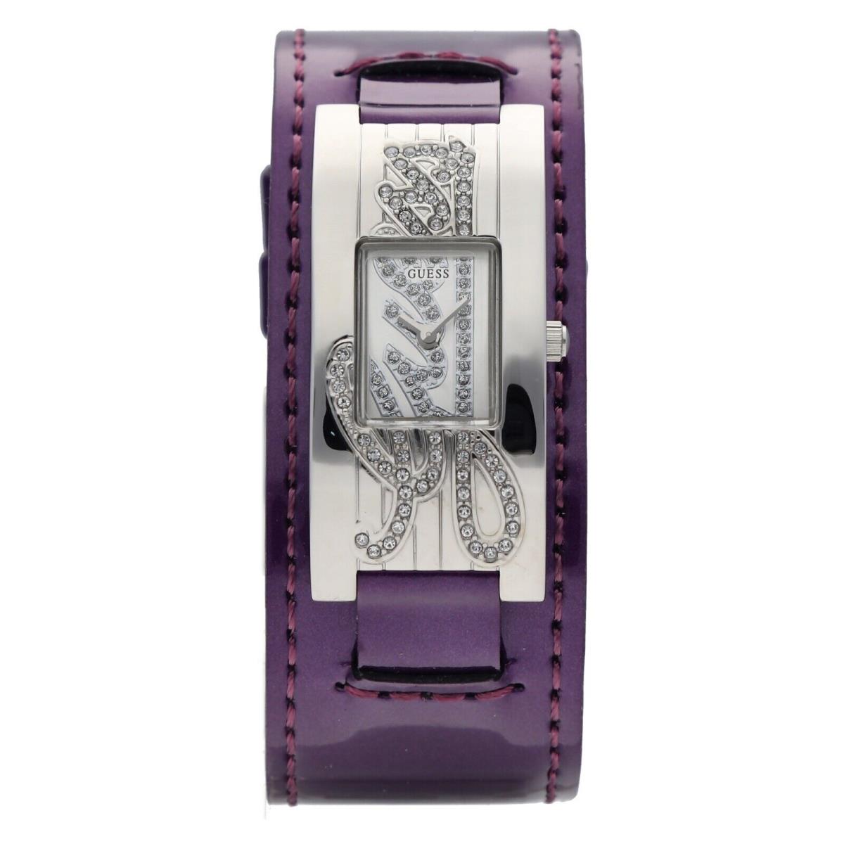 Guess W80055L7 Stainless Steel Purple Cuff Leather Quartz Dress Women`s Watch - Silver Tone Dial, Purple Band