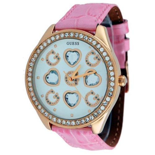 Guess Women`s Watch Pink Croc Leather W/gold Tone HEARTS+CRYSTALS-U10035L2