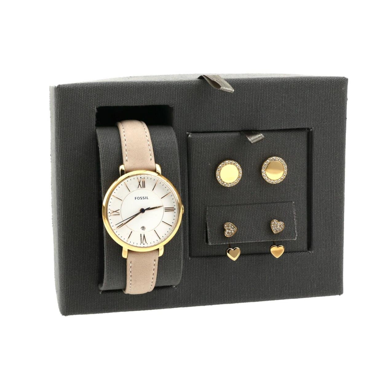 Fossil Women`s Jacqueline Pink Leather Rose Gold Strap Watch Stud Earrings 1221 - Dial: White, Band: Pink