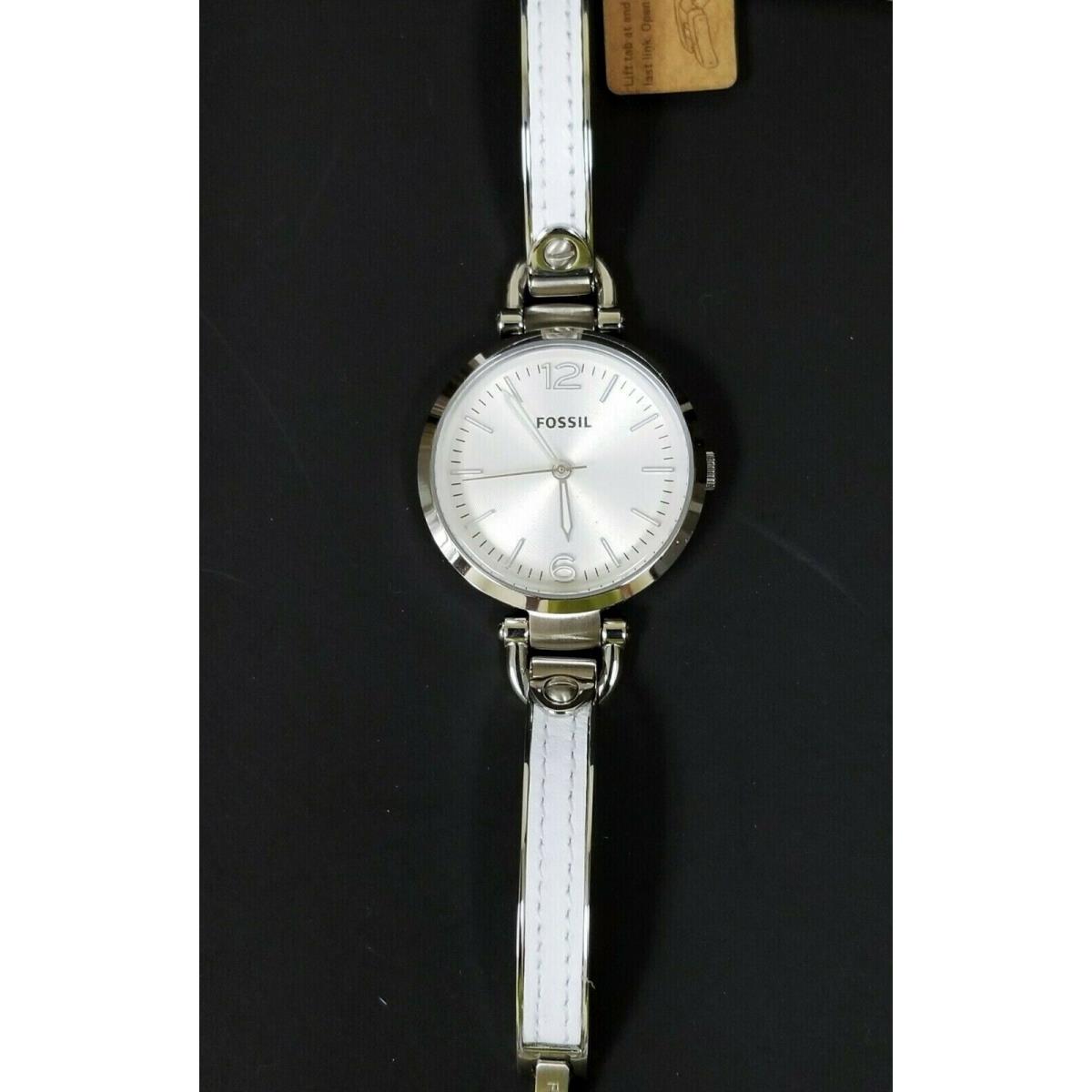 Fossil Silver Tone S/steel+white Leather Inlay Bangle Band Watch ES3259