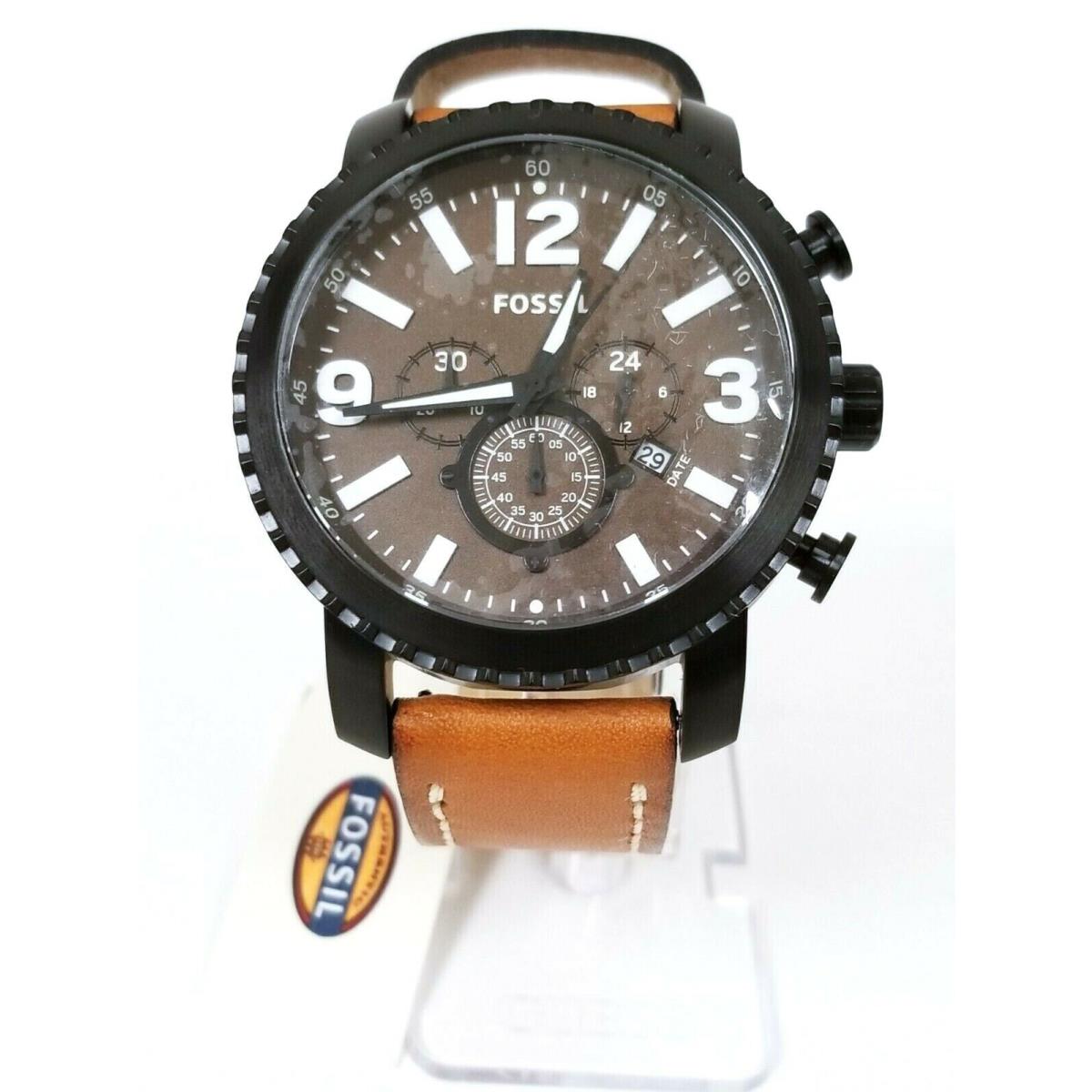 Fossil Brushed Black Tone Luggage Brown Leather Band Chrono Watch BQ2052